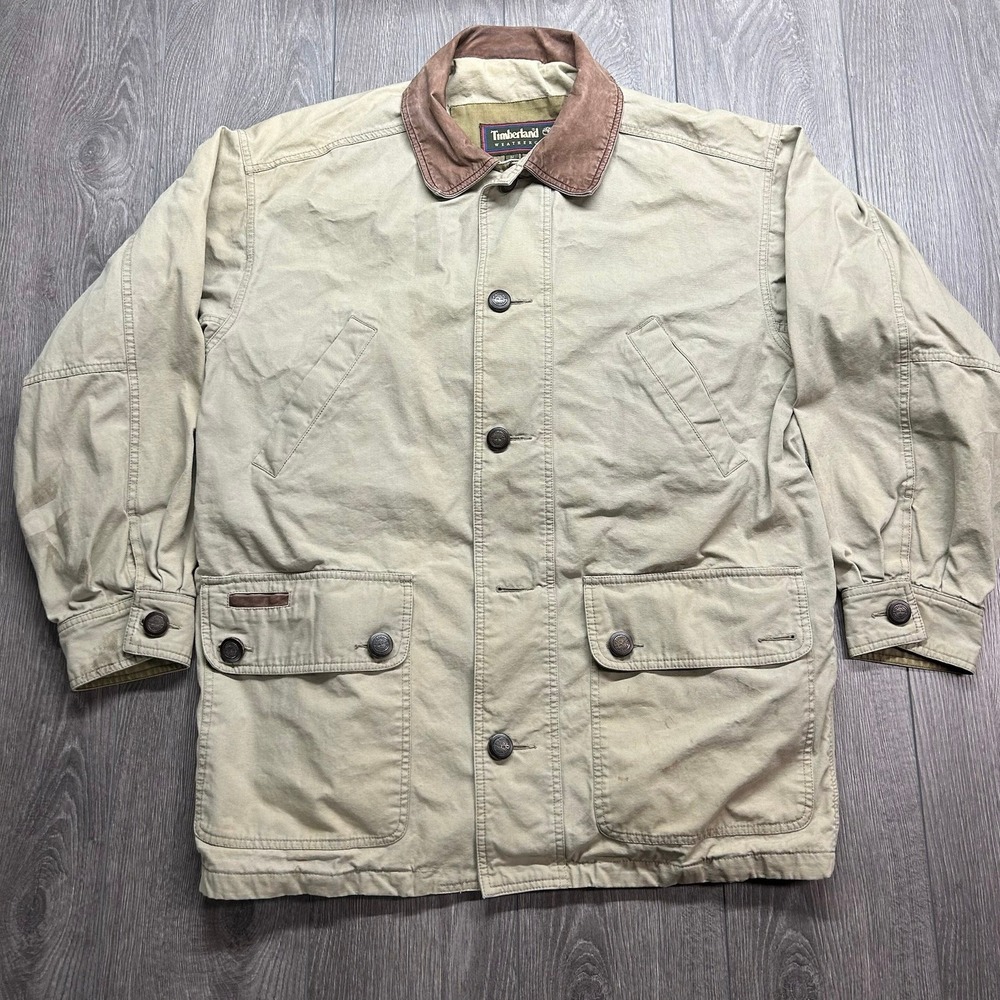 Vintage Timberland Weathergear Medium Cotton Canvas Barn Jacket Leather Trim Men